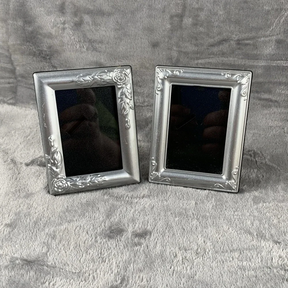 Pair Of Mini Pewter Picture Frames Silver Deco Style Cottage Decor Note Flaws